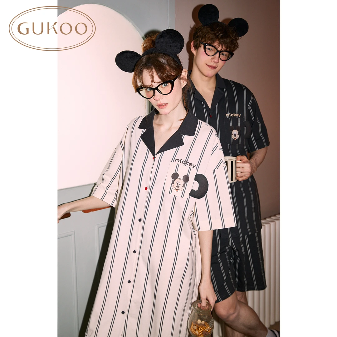 Gukoo果壳卡通米奇女士连衣裙睡衣夏季家居服睡裙纯棉
