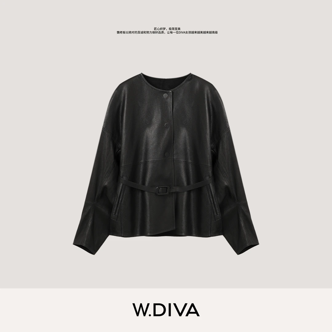 W.Diva【信步】复古简约调节腰带排扣无领鹿纹羊皮夹克女53C123107