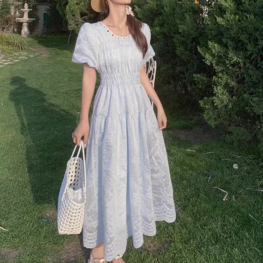 法式泡泡袖圆领重工刺绣连衣裙03208.(裙长117).8081