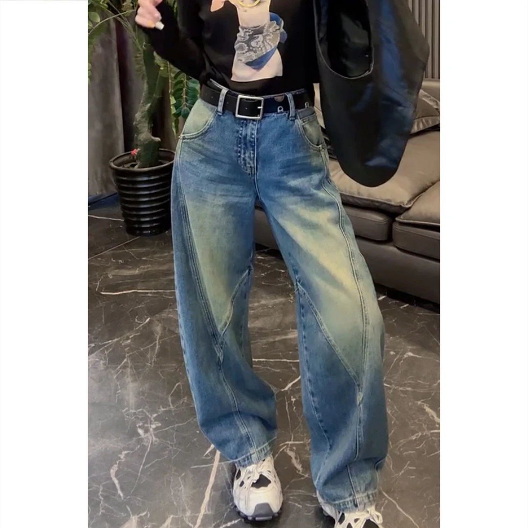 艾塔莉秋季女新款牛仔裤水洗复古阔腿裤子百搭时尚拖地裤长裤宽松