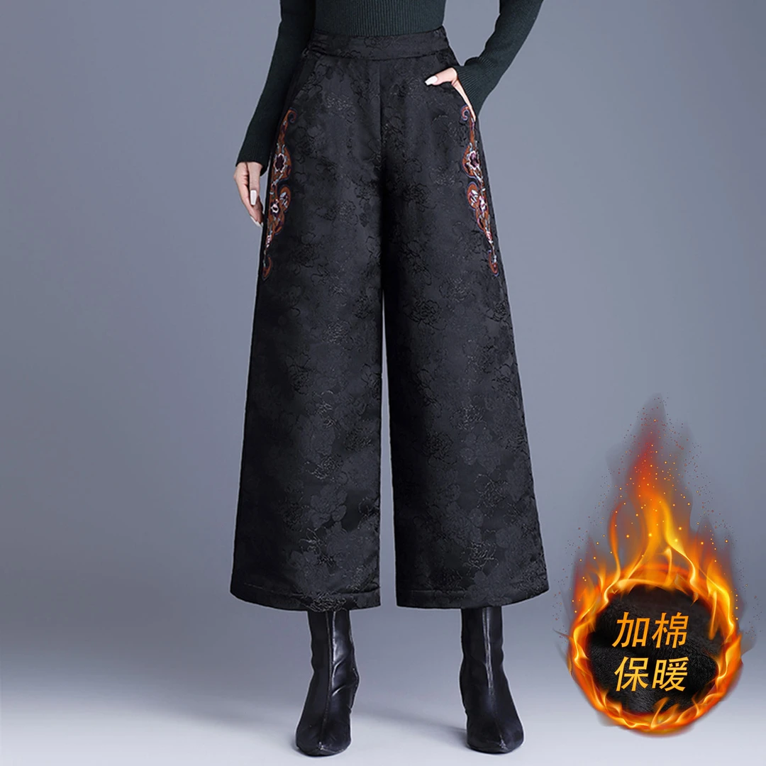 复古民族风绣花时尚提花阔腿裤冬装高腰夹棉保暖棉裤靴裤女