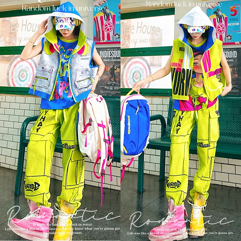 荧光黄彩色字母休闲马甲秋款撞色牛仔蓝连帽正反两面穿背心HYC311