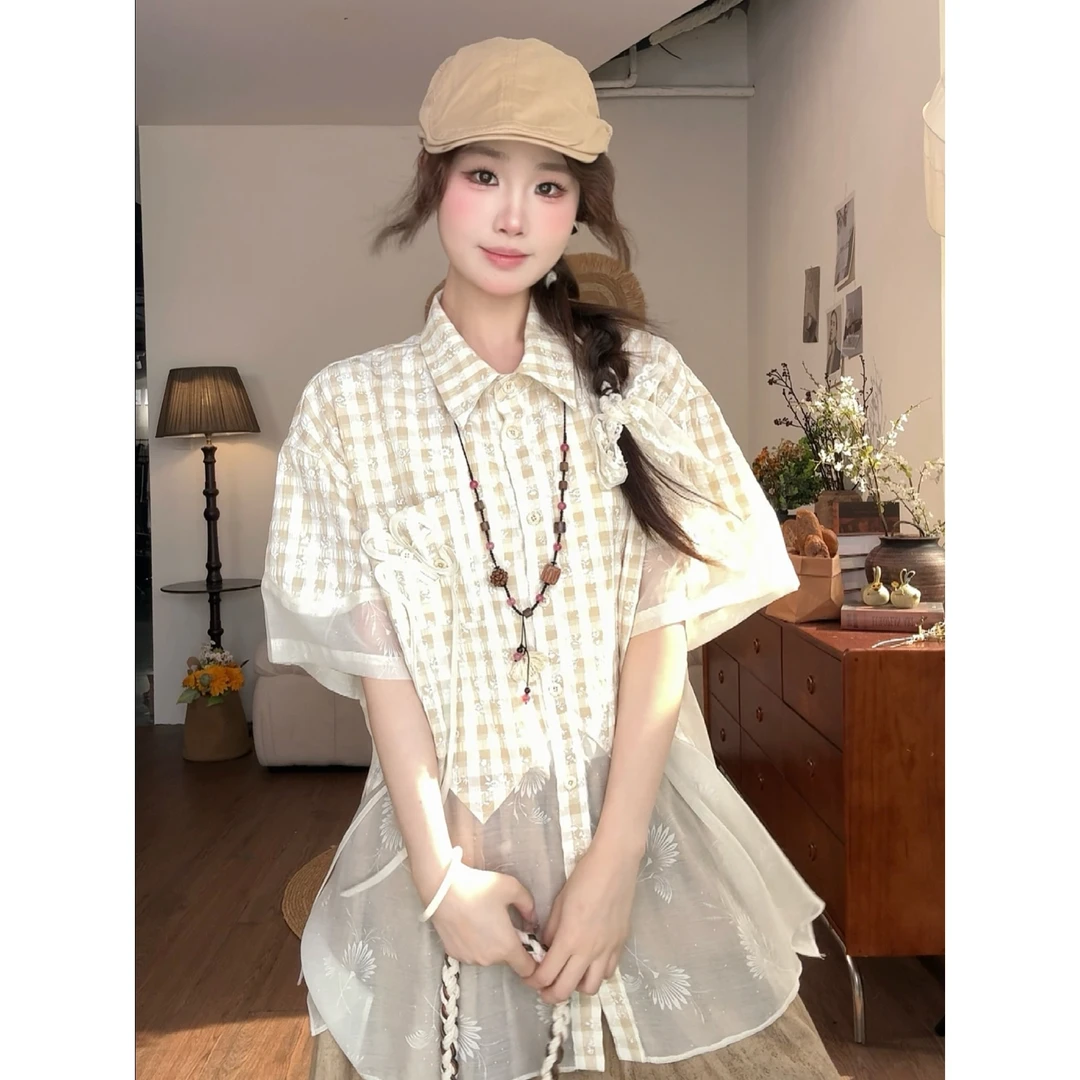 VGVL衬衫【蒲公英的约定】夏季小众格纹拼接轻纱衬衫