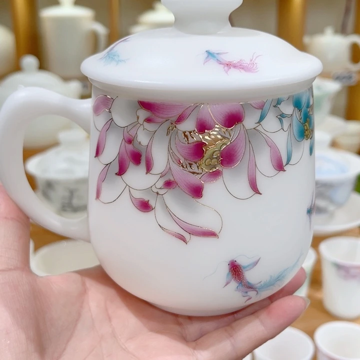 高冰素烧莲莲有鱼三件套办公杯400