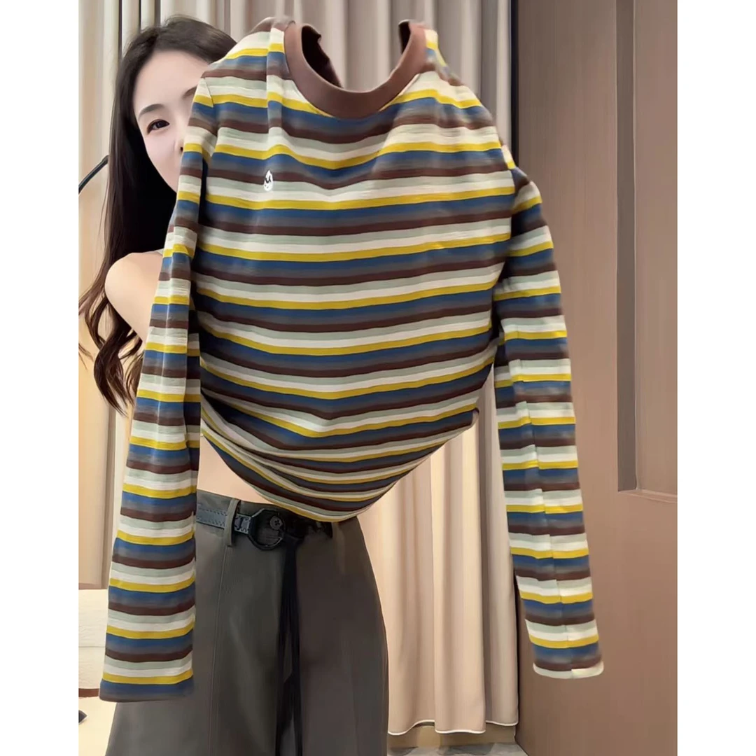 今年流行穿搭2025早秋新款温柔风条纹拼接毛针织衫INS风长袖上衣