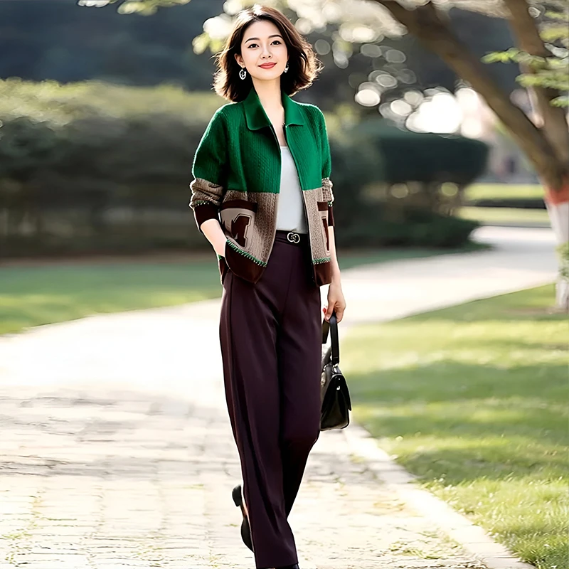 官图 2025春秋新款设计感针织拉链撞色外套半松紧腰直筒裤两件套