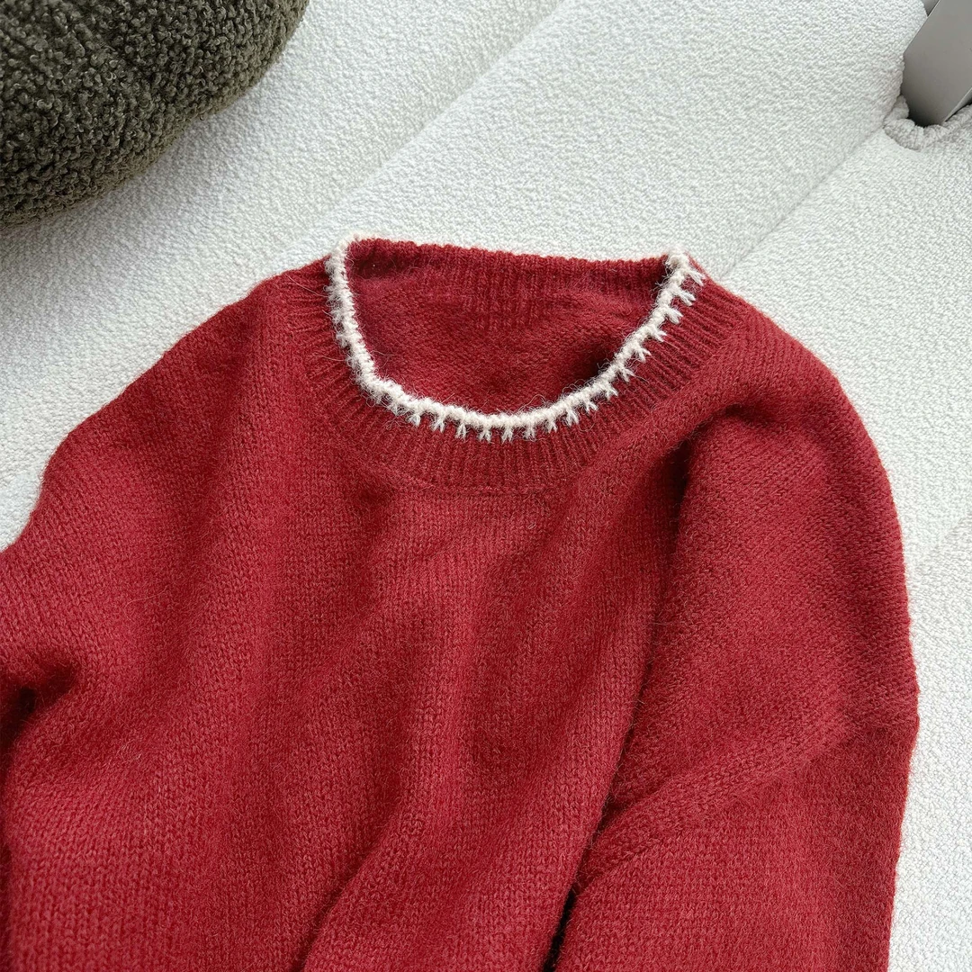 【CHEN】秋冬洋气红色圣诞毛衣设计感拼色圆领长袖针织衫24120602