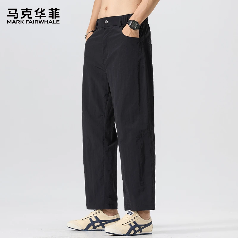 马克华菲夏季薄款冰丝九分休闲裤男士潮牌纯色百搭宽松直筒阔腿裤