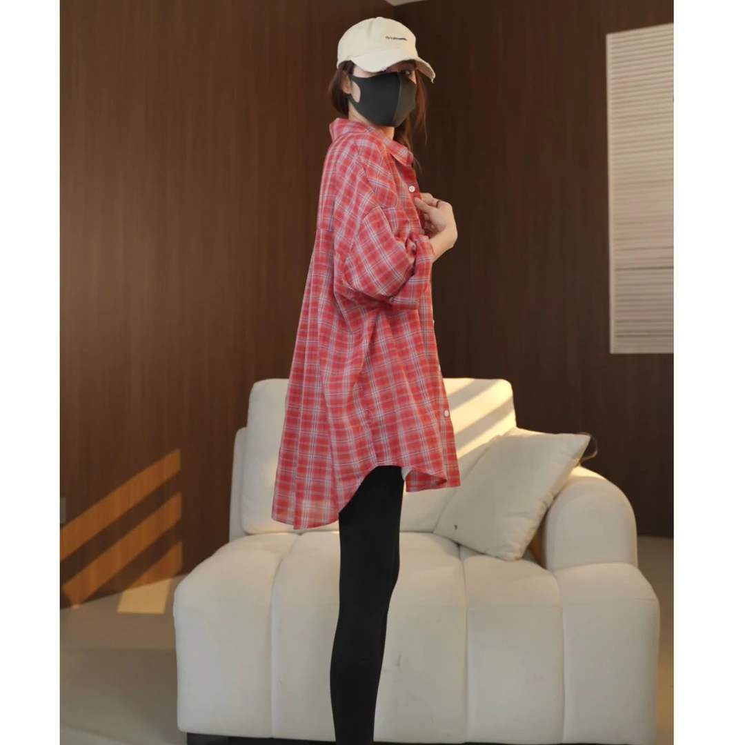 硕哥百搭显瘦格子衬衣洋气撞色显瘦开衫慵懒宽松上衣 22968