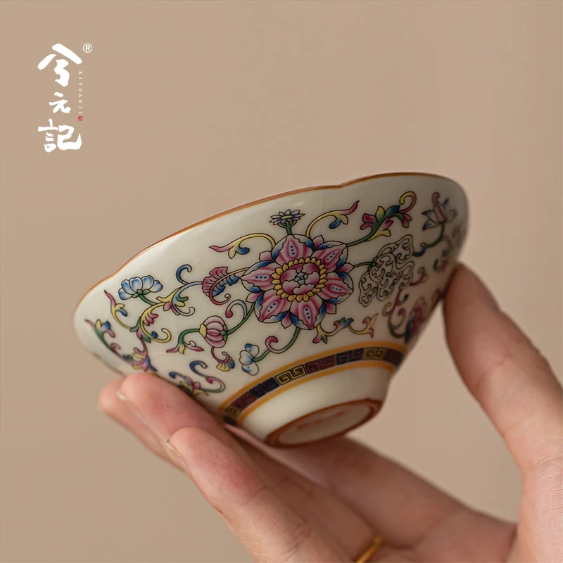 缠枝莲米黄汝窑茶杯陶瓷主人杯个人专用斗笠杯品茗杯单个功夫茶盏