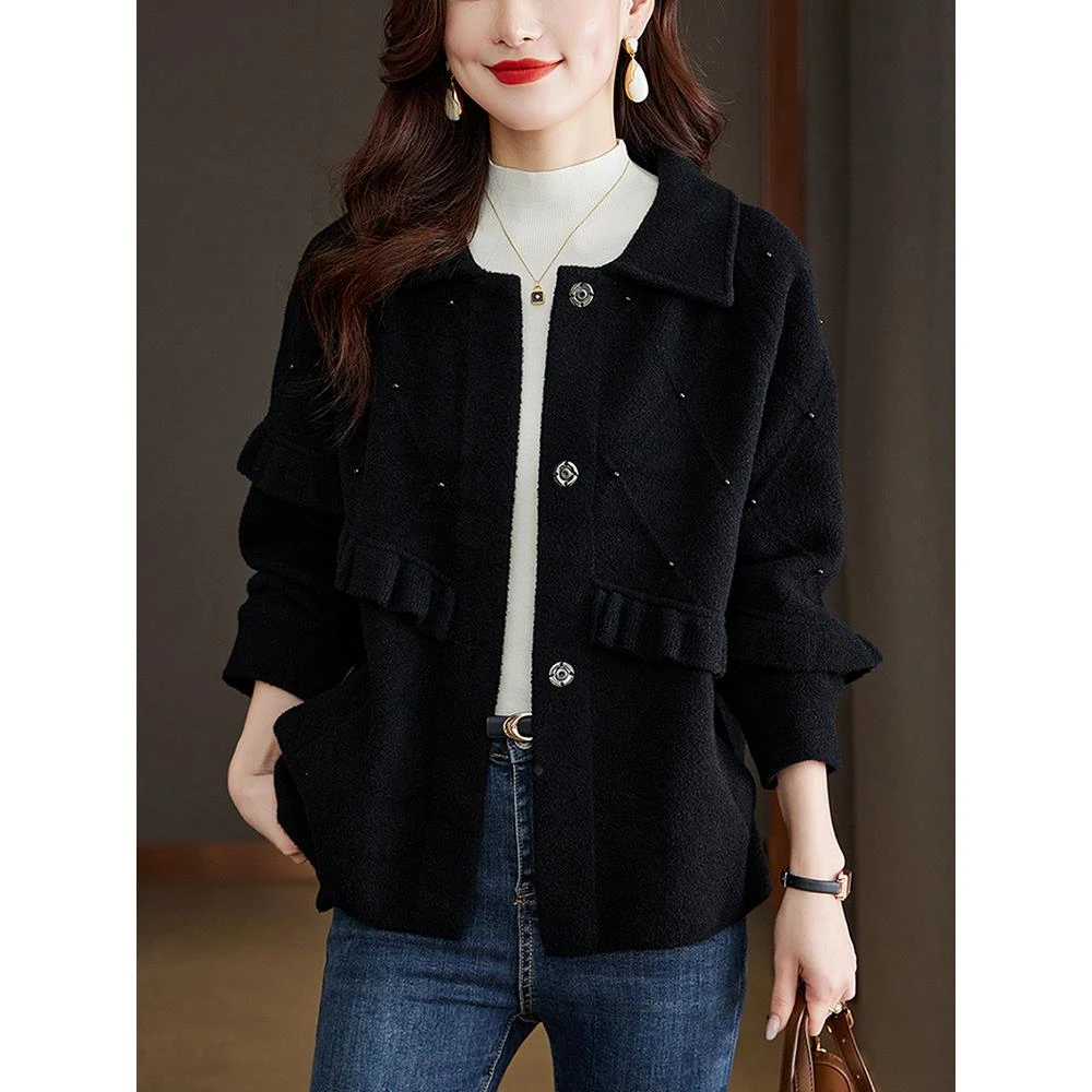 皮尔卡丹翻领毛呢外套女短款2025新款秋冬黑色木耳边拼接宽松开衫