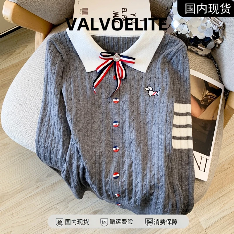 VALVOELITE轻奢香风蝴蝶结翻领套头针织衫女爆款POLO衫上衣