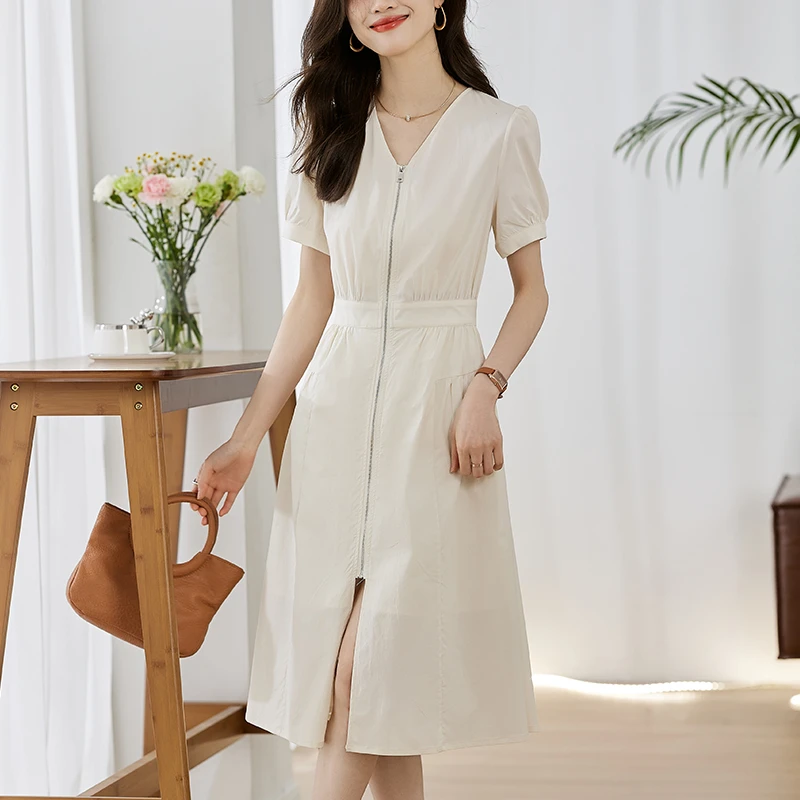 小众设计感拉链V领连衣裙女夏季2025新款赫本风气质收腰显瘦裙子