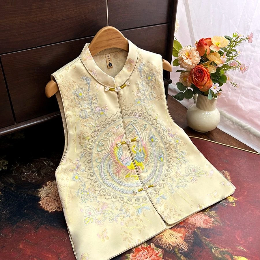 金竹双凤马甲女装刺绣春季马夹复古开衫气质金无袖马夹