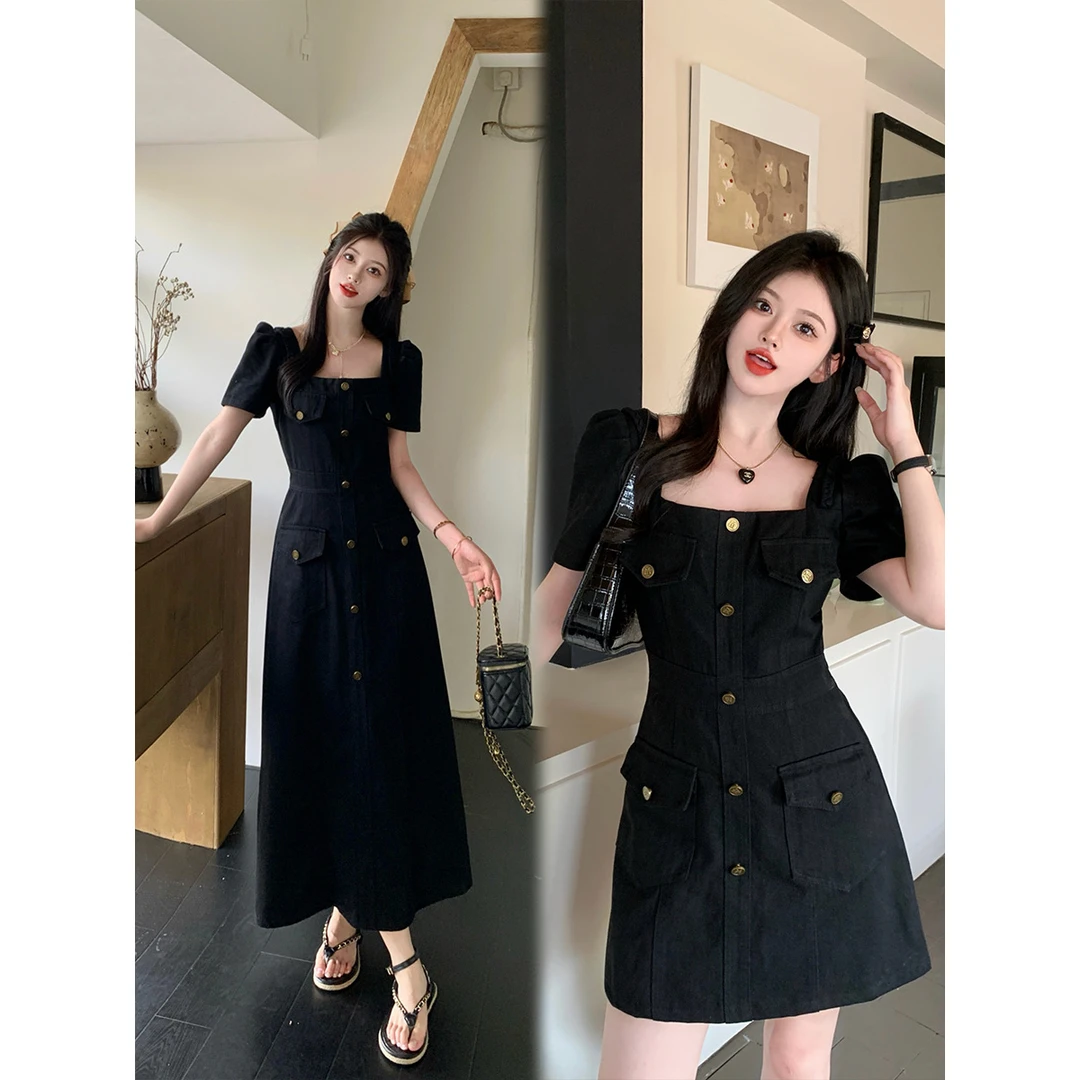 【朵拉】大码女装气质翻领口袋牛仔时尚连衣裙胖MM藏肉黑色牛仔裙女