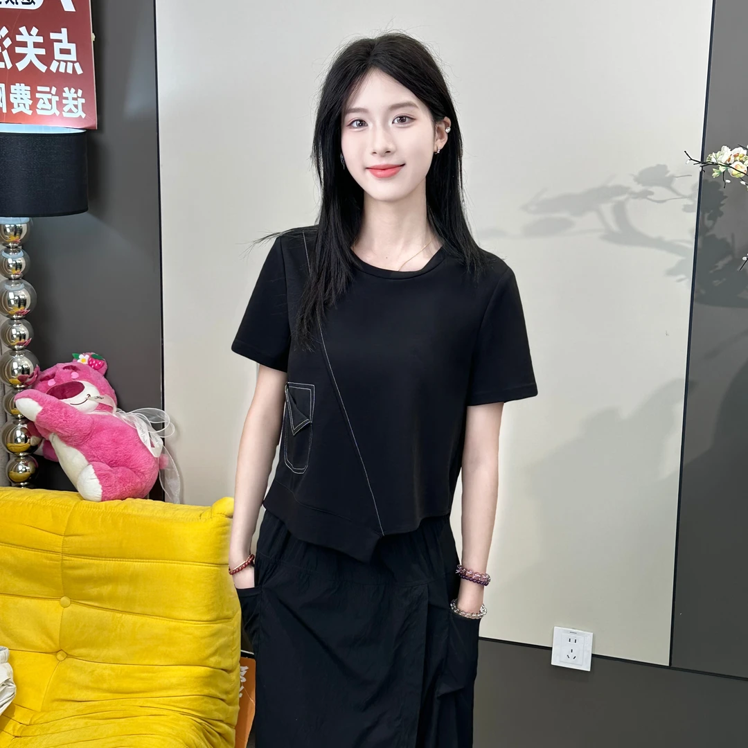 蔡小姐夏季新款撞色线装饰个性短袖T休闲简约百搭上衣套头