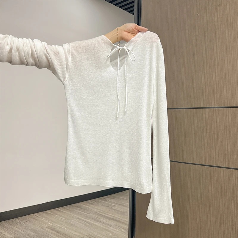 纯欲v领绑带薄款微透长袖T恤女2025夏季防晒罩衫喇叭袖上衣