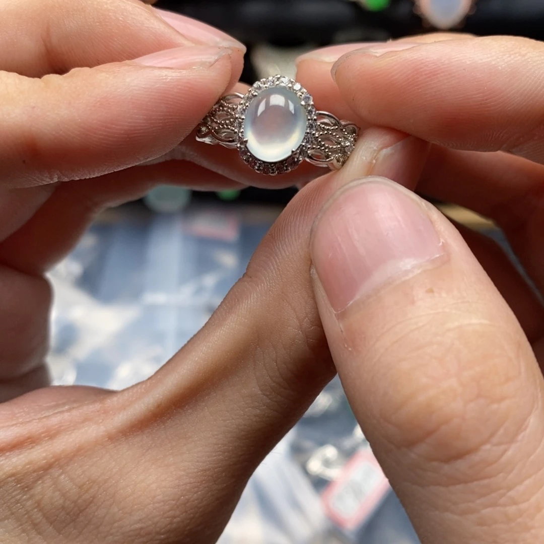 翡翠戒指银S925镶嵌鱼*摆天然缅甸翡翠货