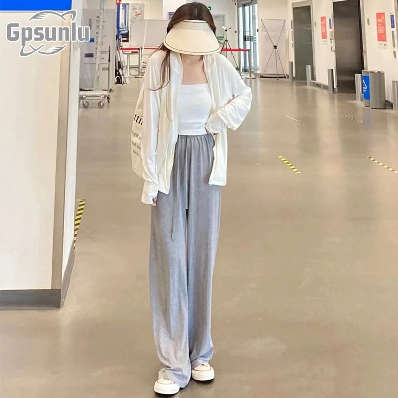 gpsunlu灰色阔腿裤女夏季高腰垂感直筒休闲高腰垂感灰色阔腿裤