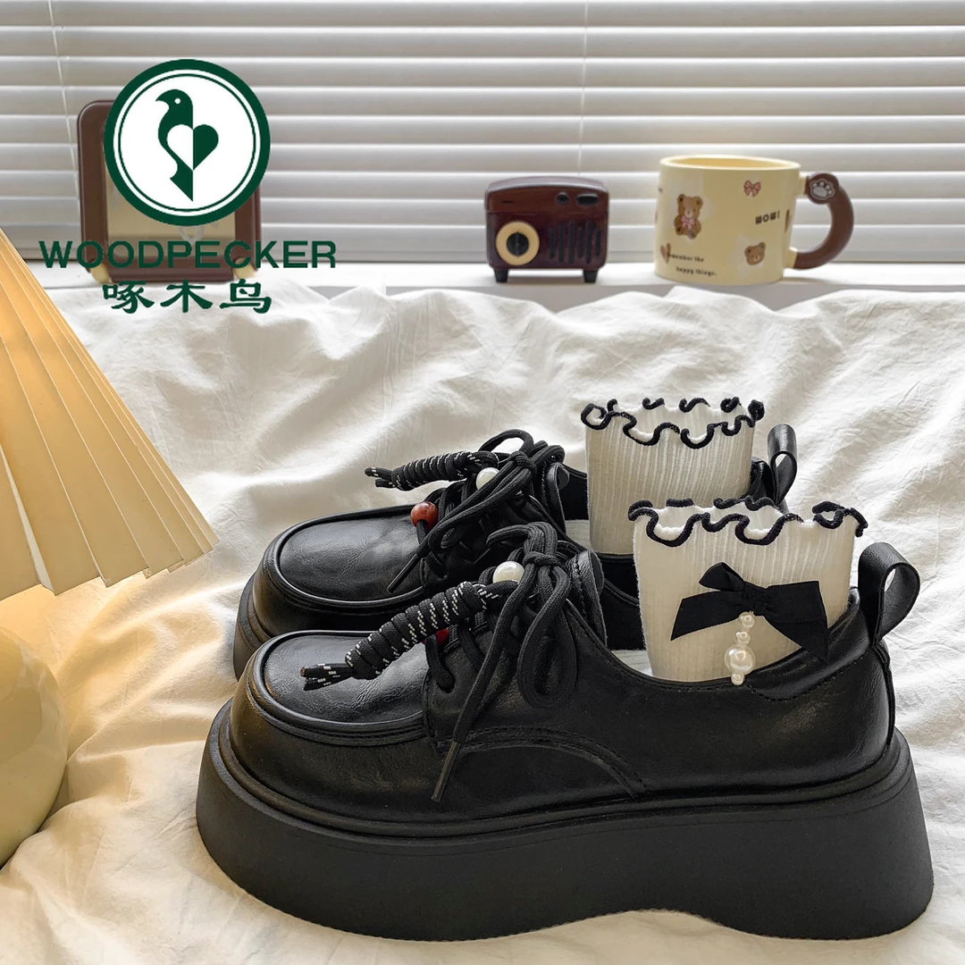 啄木鸟小皮鞋女英伦风2025年新款百搭松糕厚底日系学生系带单鞋女