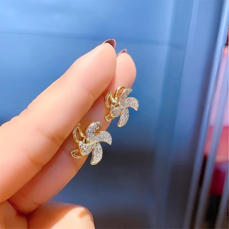 铜合金耳饰 时尚143轻奢百搭简约小众微镶旋转小风车精致气质耳钉