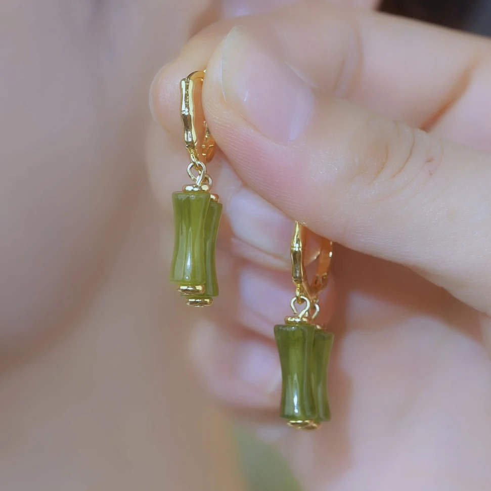 铜合金耳饰 【竹报平安】复古风耳扣竹节绿色流苏耳饰耳环