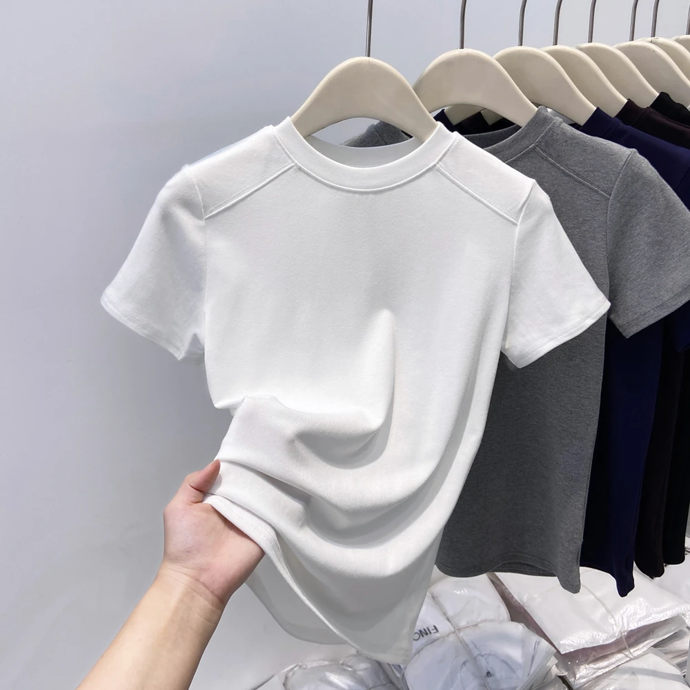 圆领正肩短袖t恤女夏季2025年新款设计感打底衫显瘦修身上衣6005