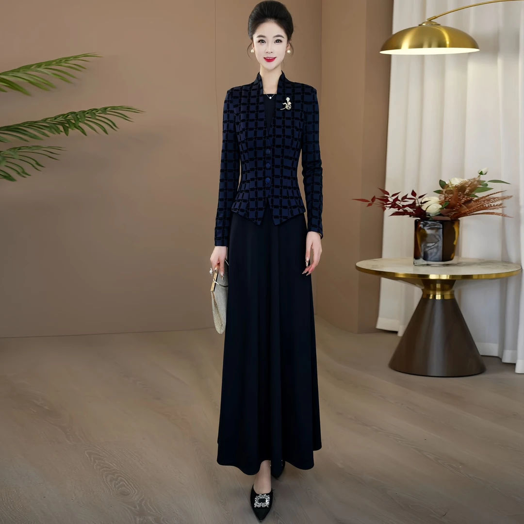 气质修身假两件连衣裙2025年秋季新款正式场合穿显瘦大摆长裙215