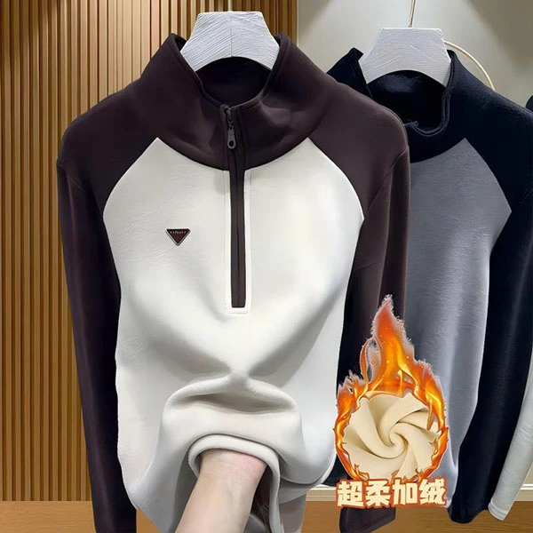 拉链长袖卫衣杏色德绒连帽打底衫保暖立领秋冬拼接