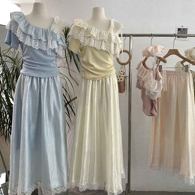 蕾丝荷叶边斜肩短袖露肩上衣+中长款半身裙时尚两件套2721