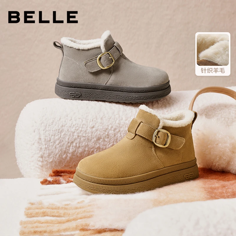 百丽复古皮带扣雪地靴女2026冬新商场同款厚底加保暖短靴E4K1DDD5