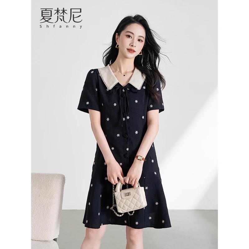夏梵尼一瞬花开2025夏季新款小雏菊刺绣减龄通勤连衣裙