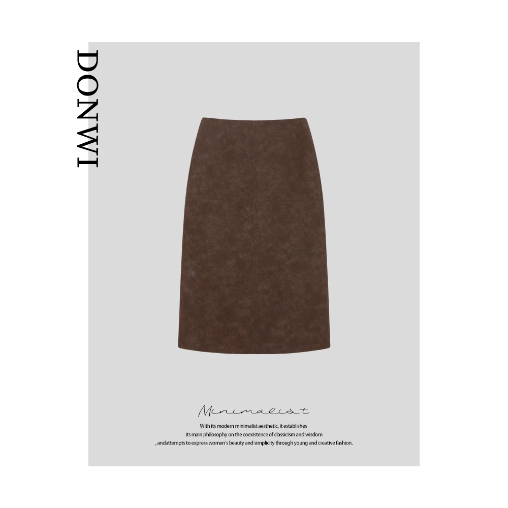 DONWI【檀柳】蛋白皮复古立体剪裁高腰直筒半身裙X6209