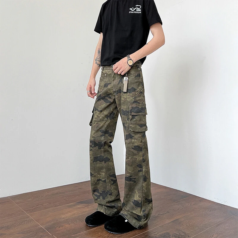 春季美式高街微喇显瘦迷彩工装裤弹力修身牛仔裤复古休闲裤男女款
