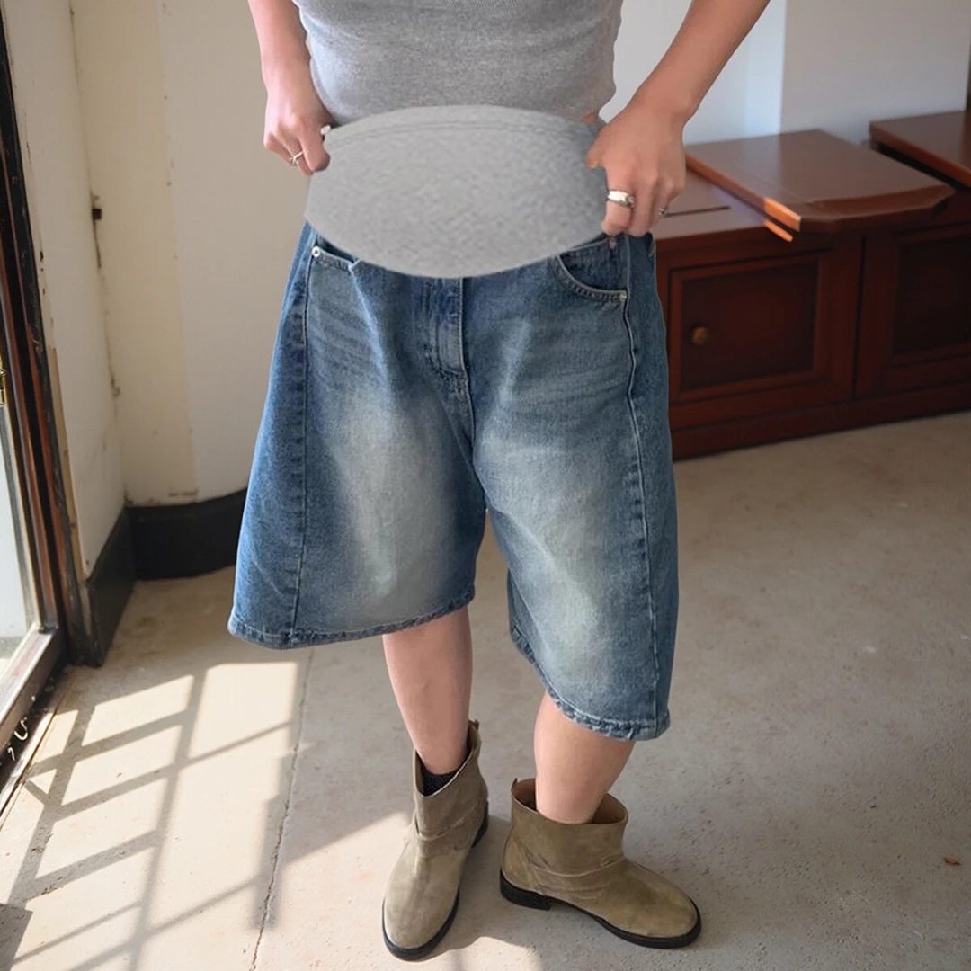孕妇牛仔裤夏季薄款托腹七分阔腿裤2025新款小个子时尚五分短裤