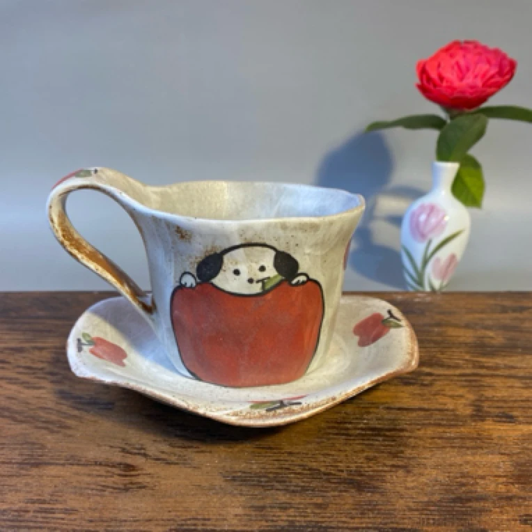 佟年景德镇手工手绘高温陶瓷粉引工艺苹果狗狗系列咖啡杯