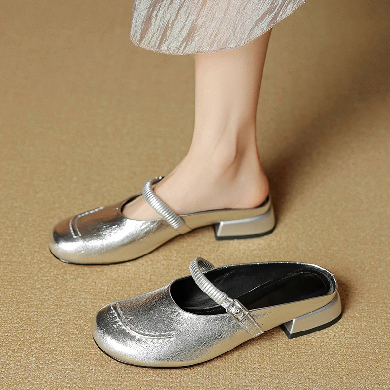 2.5CM-牛皮包头穆勒鞋复古港风百搭粗跟时夏季真皮方头包头穆勒鞋