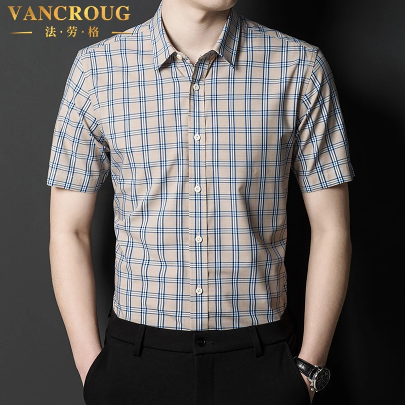 VANCROUG/法劳格短袖衬衫男士夏季高端冰丝商务休闲潮流格子衬衣