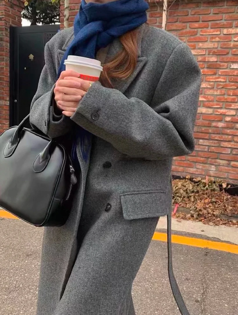 【长相思】25新款高级中长款韩版双面呢大衣气质针织时尚休闲百搭