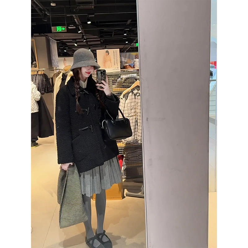 parkyeon秋冬新款牛角扣宽松羊羔绒外套菱格针织衫毛衣半身裙套装