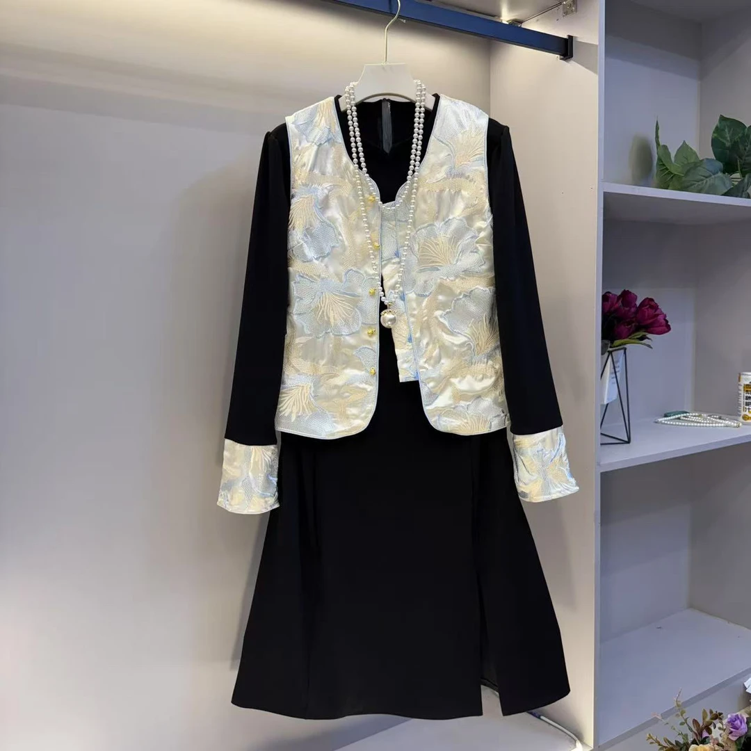 欧货新款大码女装时尚新中式盘扣马甲显瘦连衣裙两件套裙