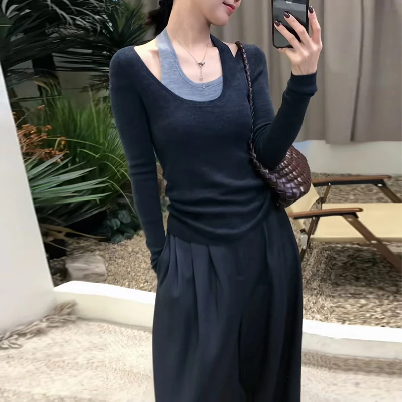 港风复古时髦套装女2025春秋新款挂脖假两件针织长袖阔腿裤两件套