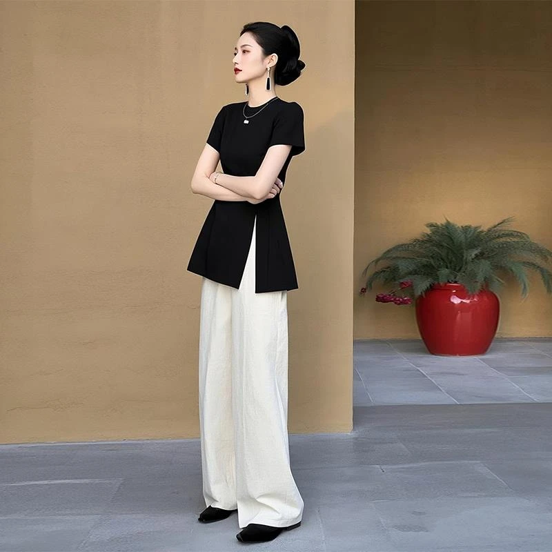 夏季搭配一整套时尚小个子减龄洋气小香风黑色短袖上衣阔腿裤套装