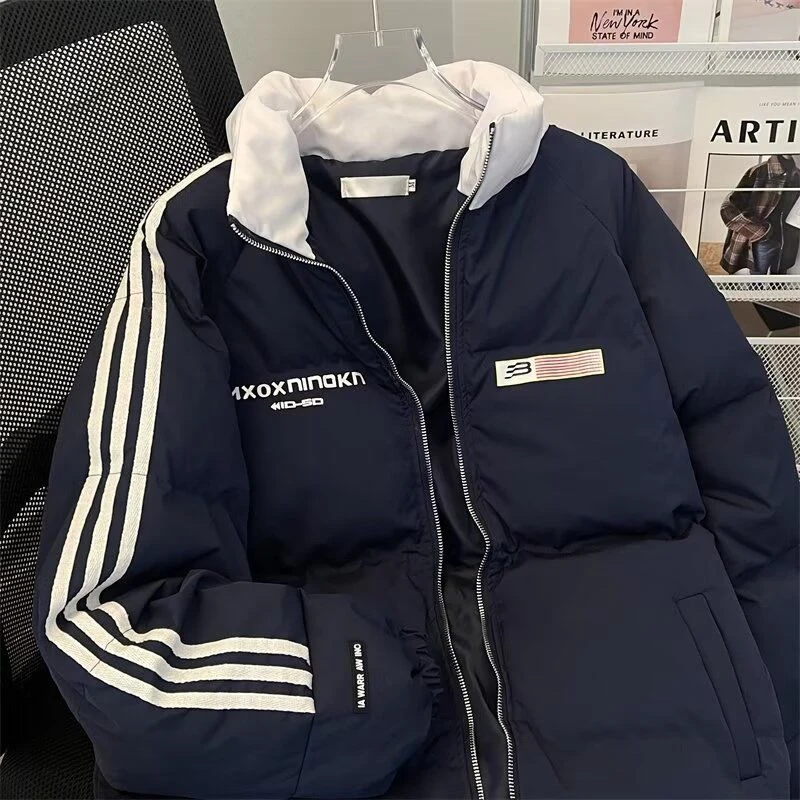 秋冬款美式条纹撞色羽绒服男情侣面包服青少年加厚棉服宽松外套潮