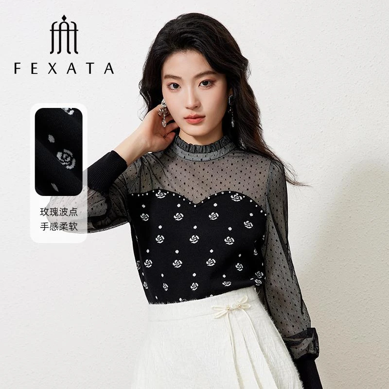 【小朱专属】FEXATA斐格思网纱拼接玫瑰花毛针织衫
