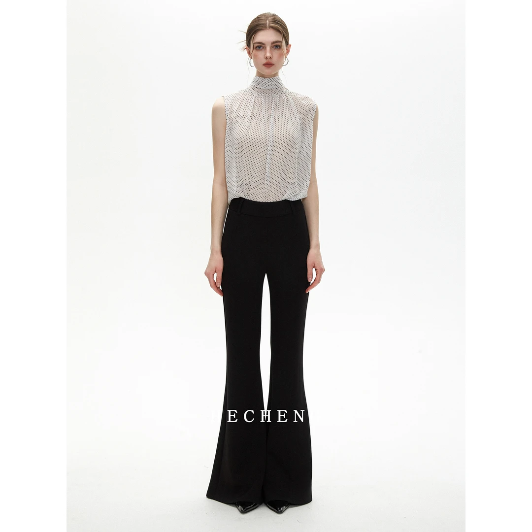 【禾呈】显瘦气质小个子高腰时尚黑色长裤微喇裤10305