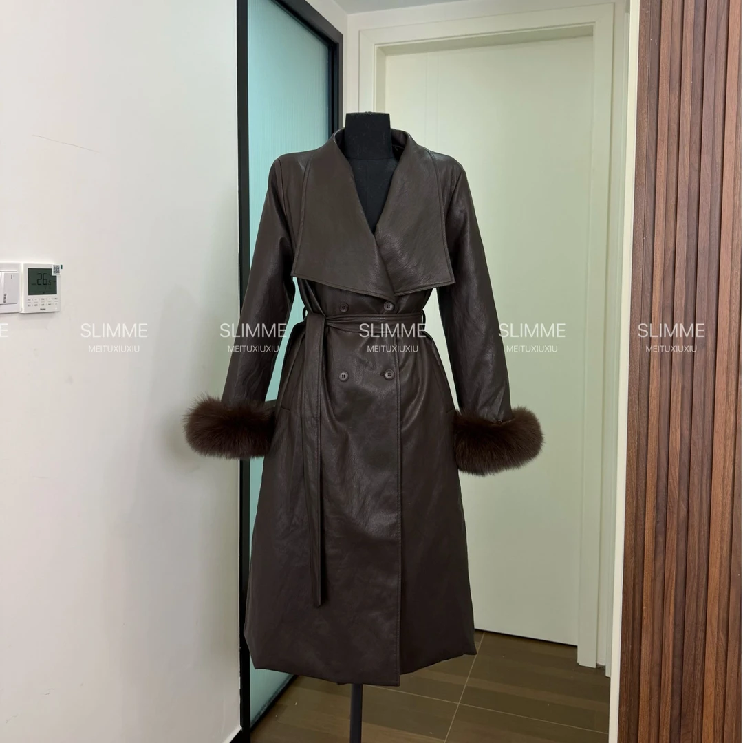 SLIMME复古港风长款皮衣羽绒服冬季