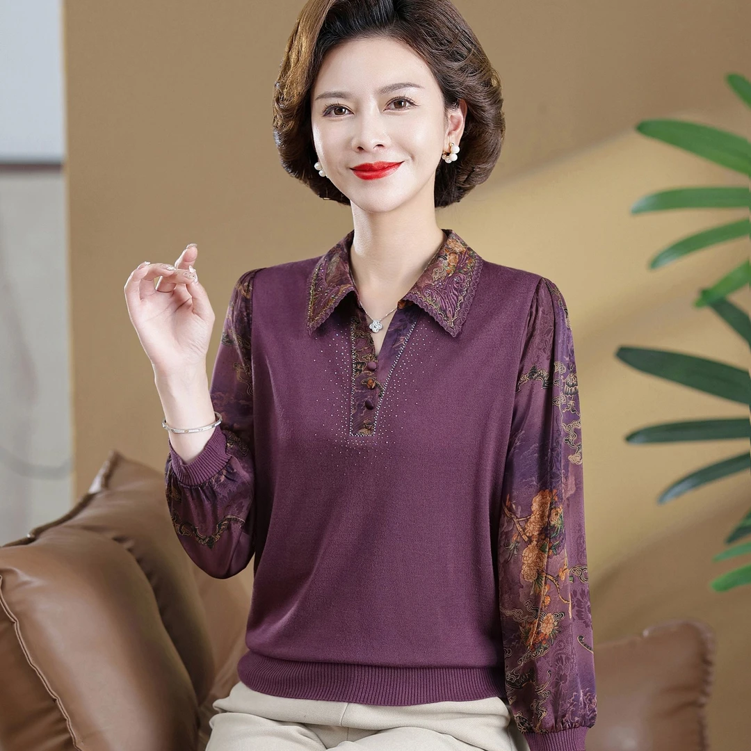 秋装新款妈妈装T恤长袖翻领中老年人女母亲衣服春秋气质上衣高贵