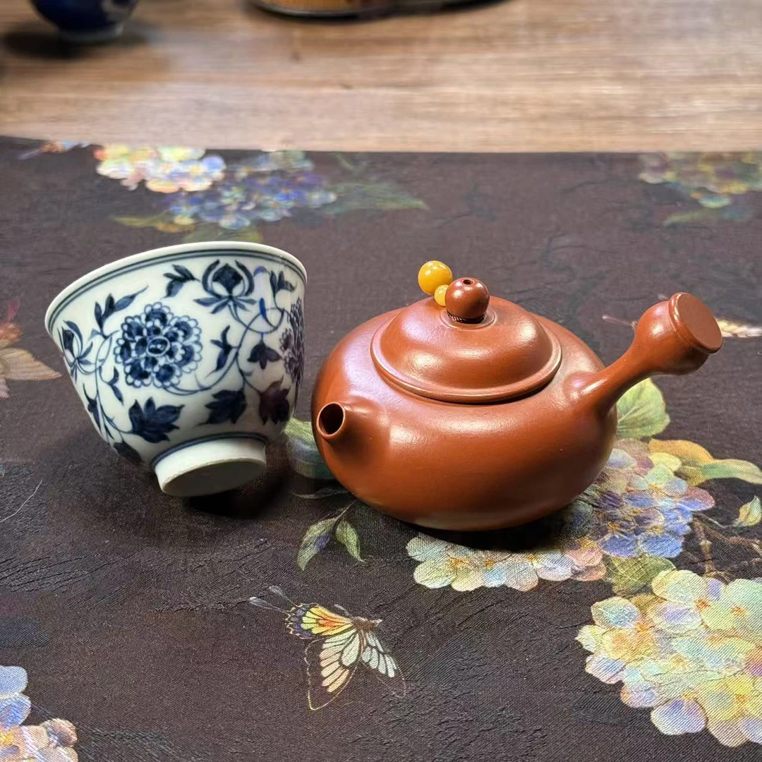 【风禾套组】朱泥大红袍福容壶+全手绘青花缠枝牡丹杯 原配礼盒