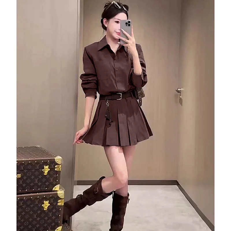 【两件套】【送腰带】衬衫女春秋季高级感收腰显瘦百褶裙+衬衣QY0009